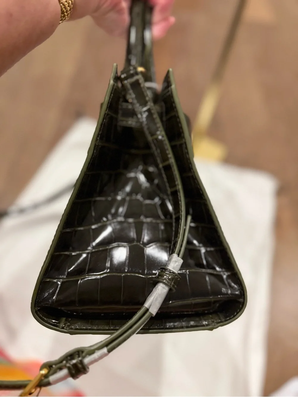 Veronica Beard Glossy Black Croc-Embossed Satchel with Front Tie